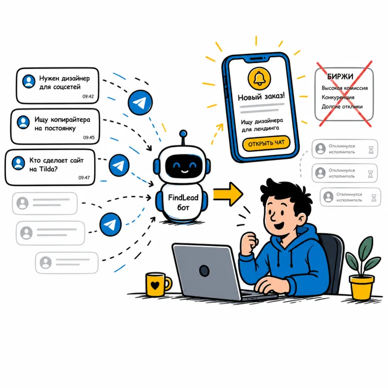 Фрилансер получает заказ «ищу копирайтера» из Telegram-чата через ФайндЛид
