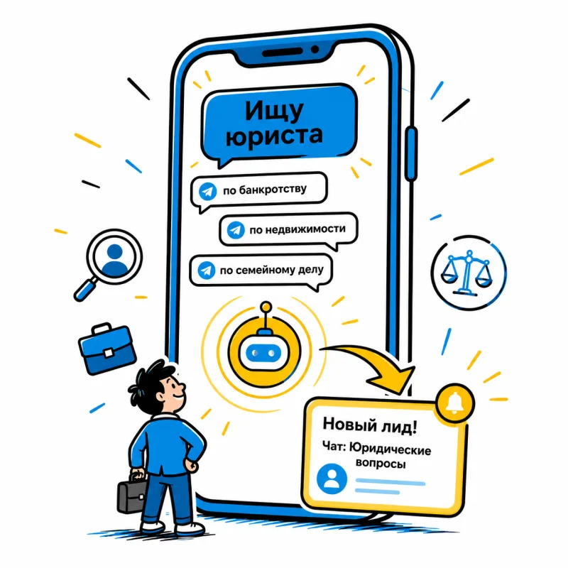 Юрист получает заявку «ищу юриста по банкротству» из Telegram-чата через ФайндЛид